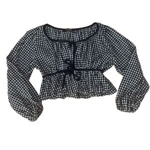 JONDIE Crop Blouse Women’s Med Black White Gingham Puff Sleeve Tie Front Peplum